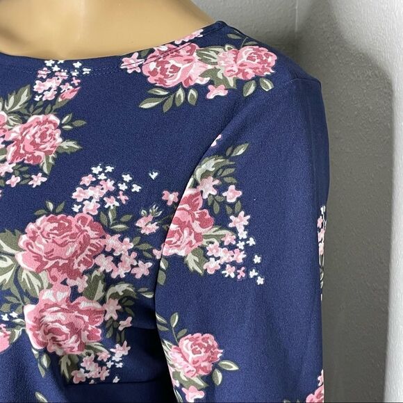 NWT Hot Gal 3/4 Sleeve Floral Mini Dress Navy Blue With Pink White Flowers Large - Picture 4 of 11